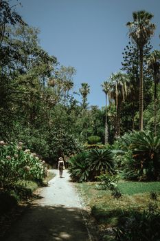 A woman strolls on a path amid lush palm trees in a Lisbon garden, under clear skies.