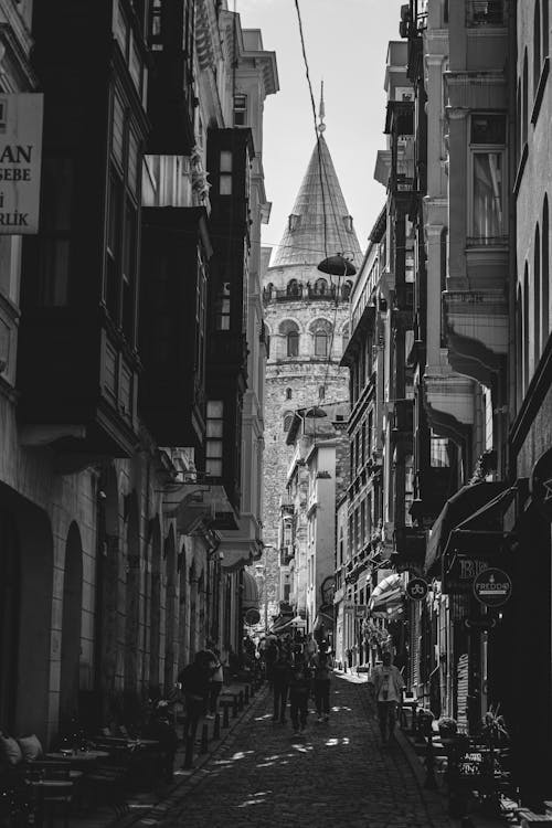 Street with Galata Tower behind in Black and White