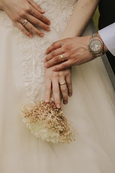 A close-up image of a married couple's hands displaying wedding rings and a bouquet on a wedding dress.
