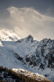 Serene view of a snow-covered mountain range with scenic landscape and shadows.