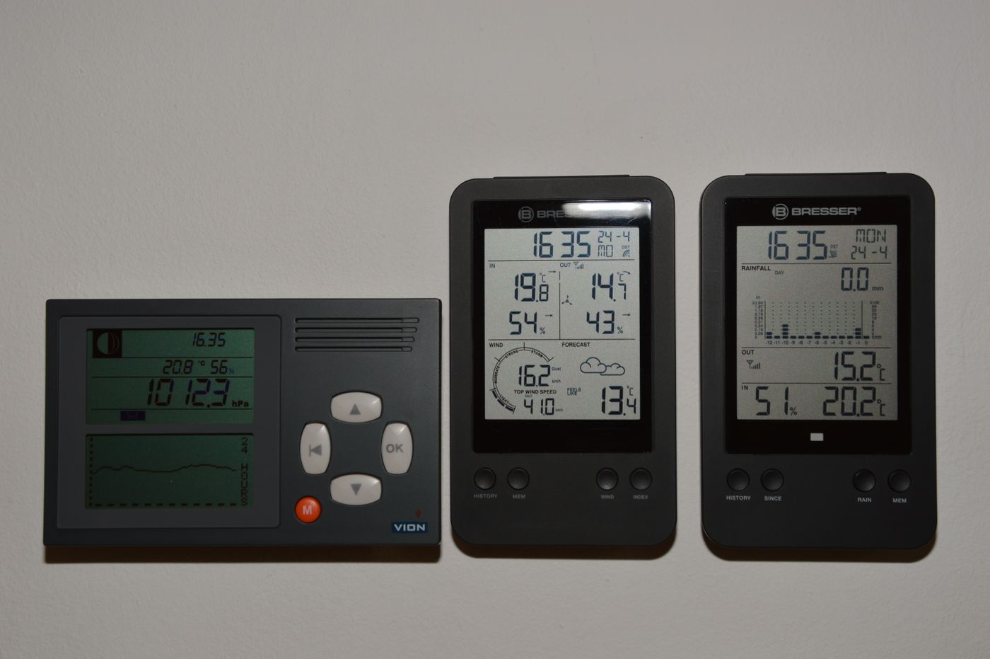 Wall-mounted thermostats displaying indoor temperature