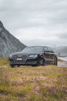 Luxury car parked in Leuk, Switzerland, with dramatic mountain background and gloomy skies.