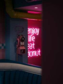 Vibrant neon sign and vintage pink telephone in a retro cafe setting.