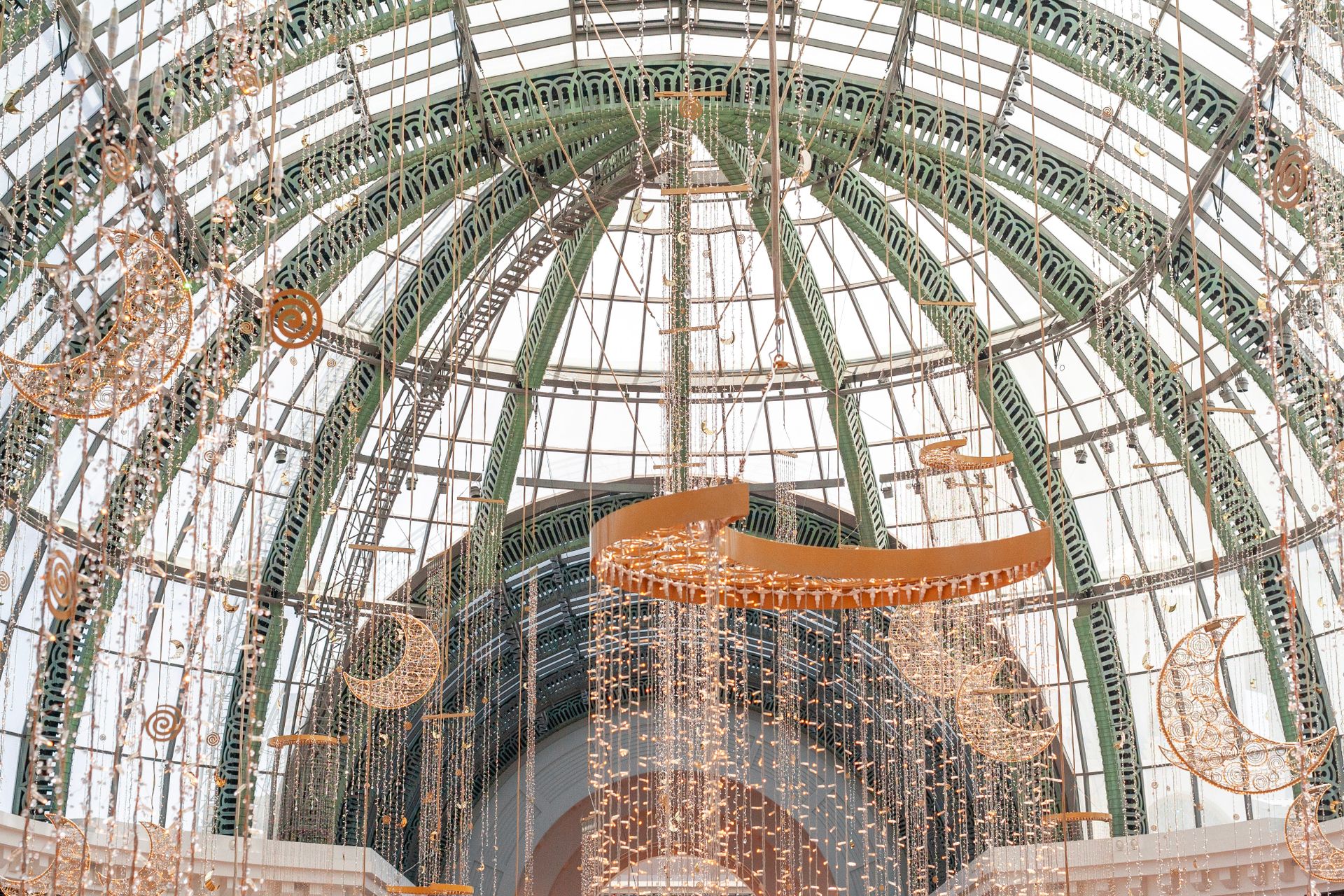 Beautiful decorations hanging from a glass dome inside the Mall of the Emirates, Dubai.