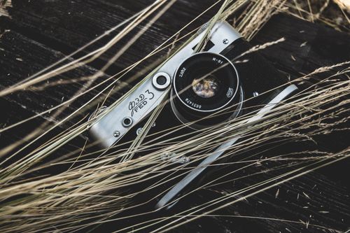 Free Close-up of a retro film camera placed among dry grass on a dark wooden surface, evoking nostalgia. Stock Photo