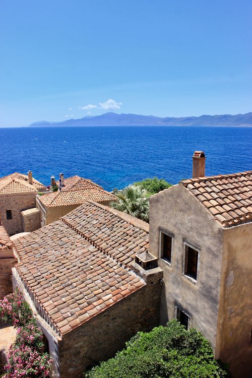 Free A stunning aerial view of Monemvasia, Greece, showcasing historic architecture and the deep blue sea. Stock Photo