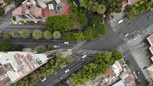 Drone shot of a tree-lined urban intersection in Mexico City showcasing buildings, cars, and streets.