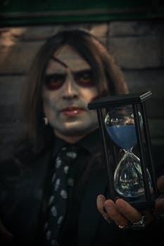 A haunting portrait of a gothic man with dramatic makeup, holding an hourglass, perfect for fantasy and horror themes.