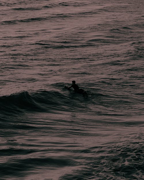 Man Swimming in a Sea During Sunset 