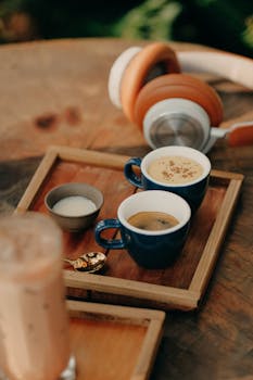 Two cups of coffee on a wooden tray with headphones nearby, creating a cozy coffee break setting.