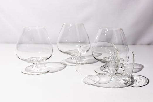 Stylish arrangement of transparent brandy snifters casting shadows on a white background.