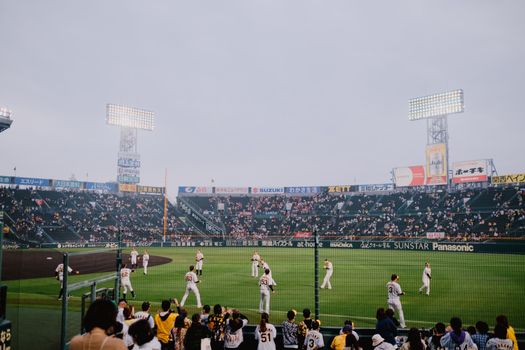 Players and spectators enjoy a vibrant baseball game at Hanshin Koshien Stadium, Japan.