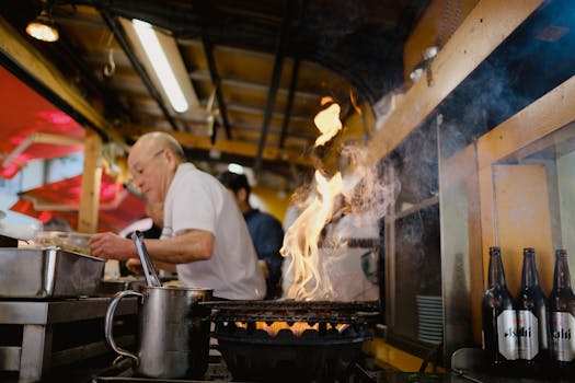 Chef working in bustling kitchen, cooking with fire and creating a vibrant culinary scene.
