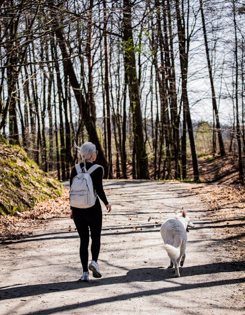 Woman Hiking with Dog in Forest