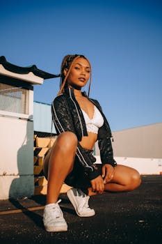 Stylish portrait of a confident model crouching outdoors in an urban setting, showcasing modern fashion.