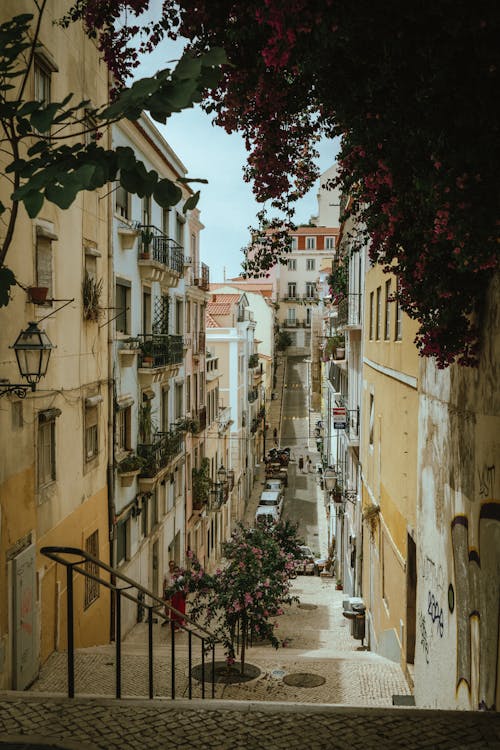 View of a Narrow Alley between Residential Buildings in Lisbon, Portugal 