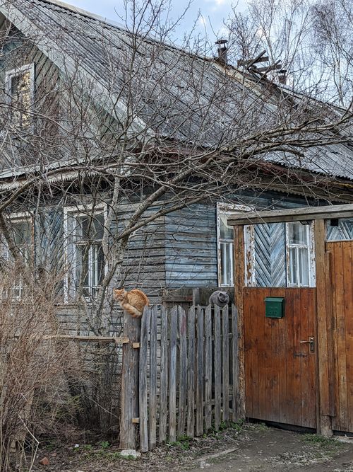 Free A serene image of a rustic wooden house with a cat perched on the fence, capturing a peaceful rural scene. Stock Photo