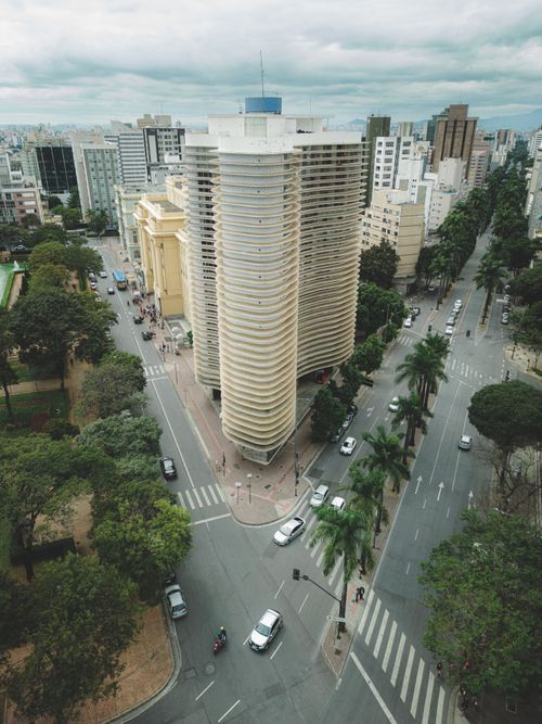Free High-angle view of the iconic Niemeyer Building in Belo Horizonte, Brazil, showcasing modern architecture and urban landscape. Stock Photo
