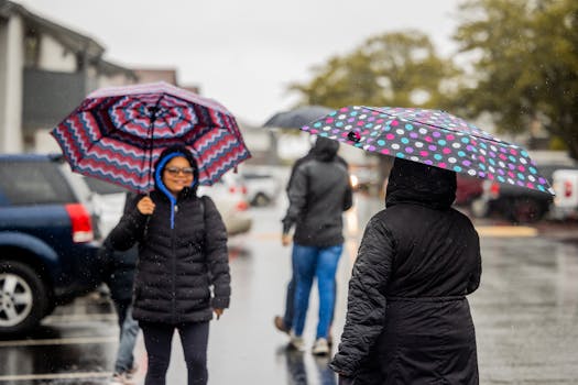 People walking with umbrellas in a rainy urban setting, surrounded by parked vehicles.