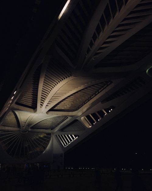 Free Modern architecture of the Museum of Tomorrow illuminated at night in Rio de Janeiro. Stock Photo