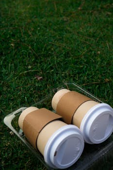 Two eco-friendly coffee cups in a cardboard tray on green grass. Perfect for sustainability themes.