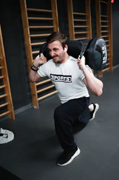 A male athlete performs lunges with a weighted bag indoors, showcasing strength training and fitness.