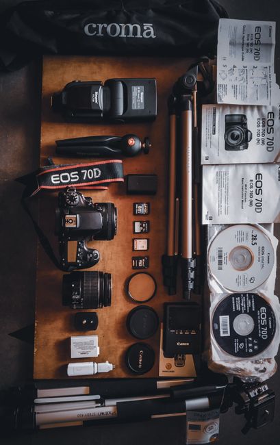 Flat lay of essential photography gear including cameras, lenses, and accessories.