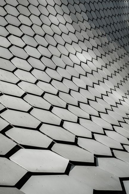 Abstract view of Museo Soumaya's hexagonal pattern exterior in Mexico City.