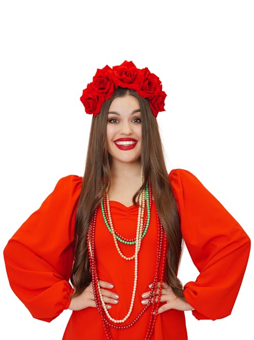 Model in Red Dress and Rose Wreath in Hair
