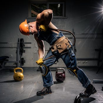 A muscular construction worker in overalls, helmet, and goggles exercises indoors with kettlebells.