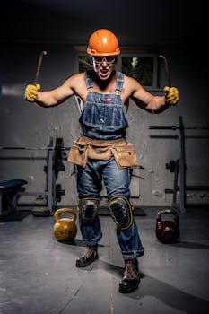 Construction worker in gym lifting kettlebells, dressed in overalls with safety gear.