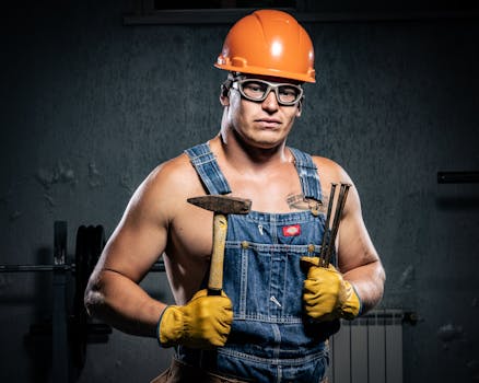Portrait of a muscular construction worker wearing protective gear and holding tools indoors.