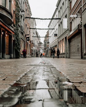 一条风景如画的城市街道上，鹅卵石和潮湿的人行道映照着雨天的城市建筑