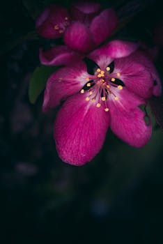 A stunning close-up of vibrant purple petals with yellow stamen against a dark background.