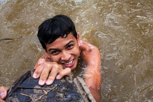 Free swimming on river Stock Photo