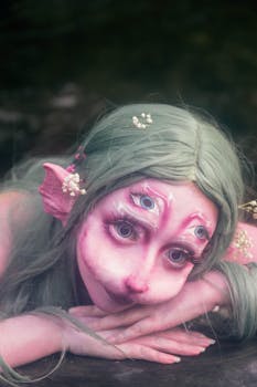 A portrait of a woman with elaborate fantasy makeup and green hair posing as a mystical creature.
