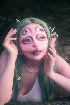 A mystical woman with fantasy makeup and green hair posing outdoors, featuring a unique artistic style.