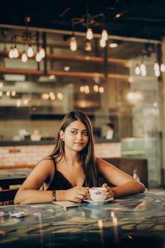 Relaxed young woman with coffee in a cozy, ambient café setting.