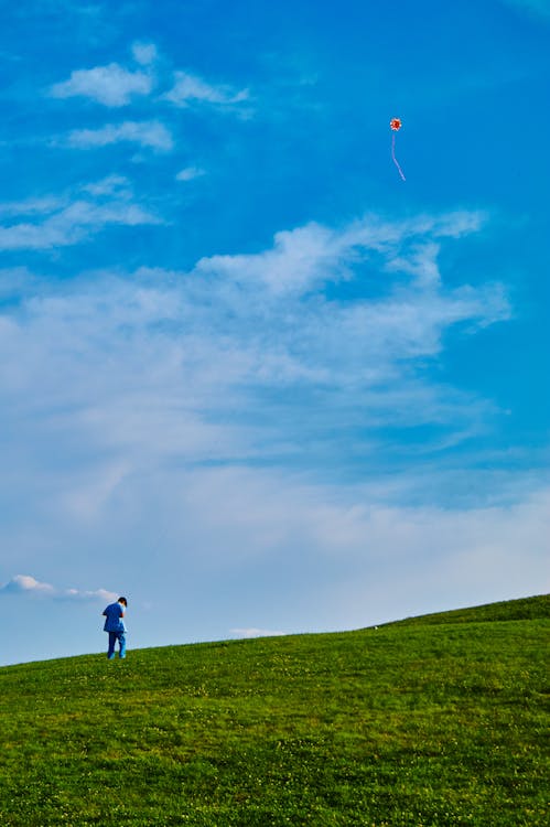 Foto Des Kindes Auf Grasfeld Fliegenden Drachen