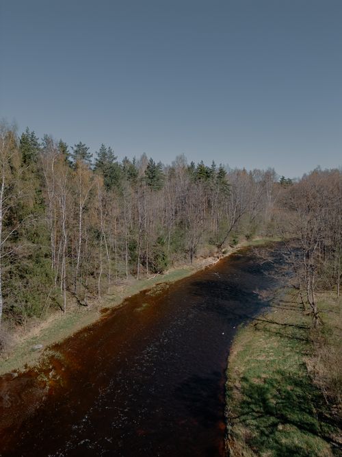 Free Aerial view of a serene river winding through a lush forest in Latvia under a clear sky. Stock Photo