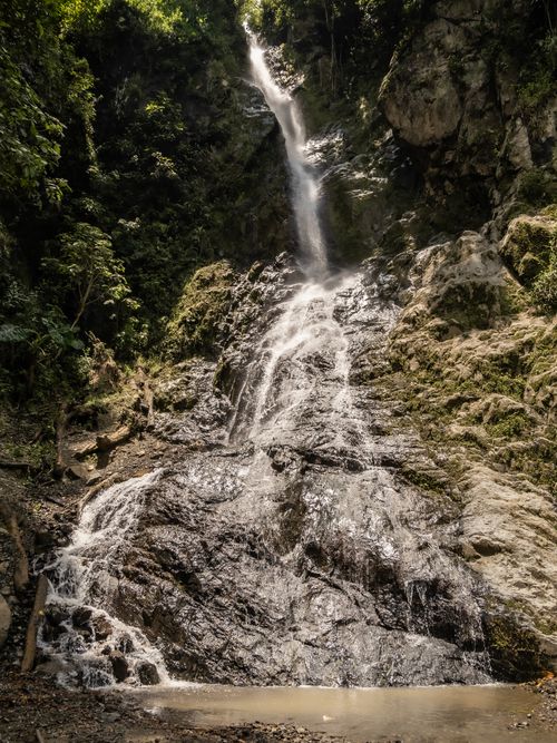 Free A breathtaking waterfall cascades down a steep rock face into a tranquil pool surrounded by lush greenery. Stock Photo