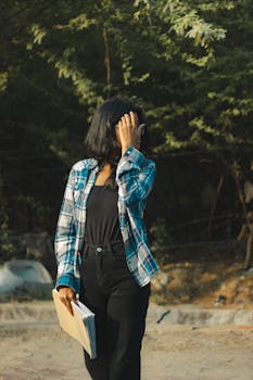 A young woman reads a book outdoors during a sunny day in Delhi, India.