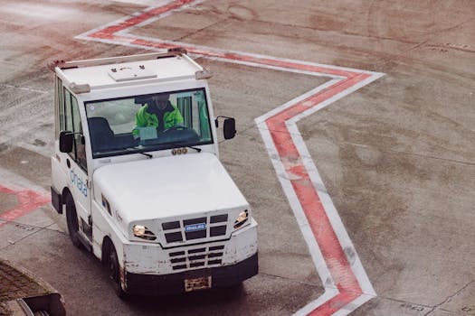 A ground crew vehicle navigates the airport tarmac during daytime operations.