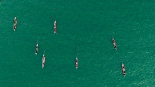 Canoes on Lake in Birds Eye View