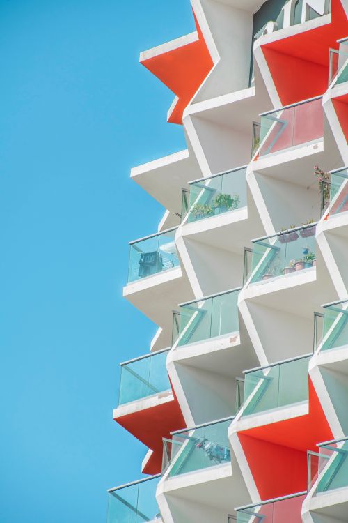 Free Geometric apartment building with bold colors in Dubai, UAE. Stock Photo