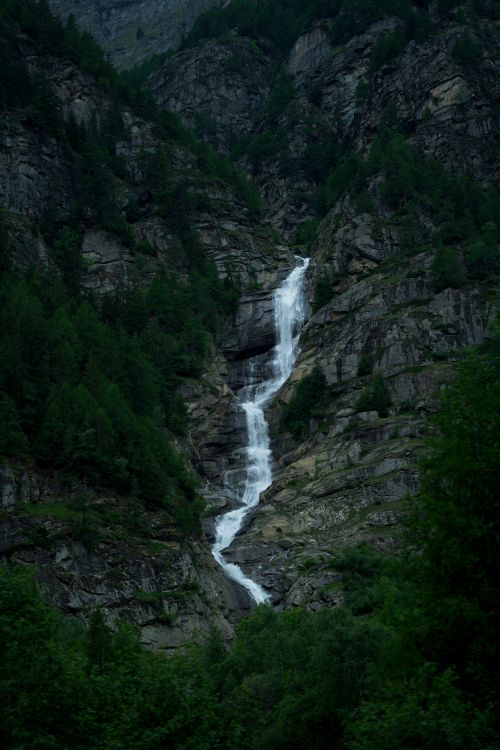 Free Majestic waterfall cascading down rocky cliffs surrounded by verdant trees. Stock Photo