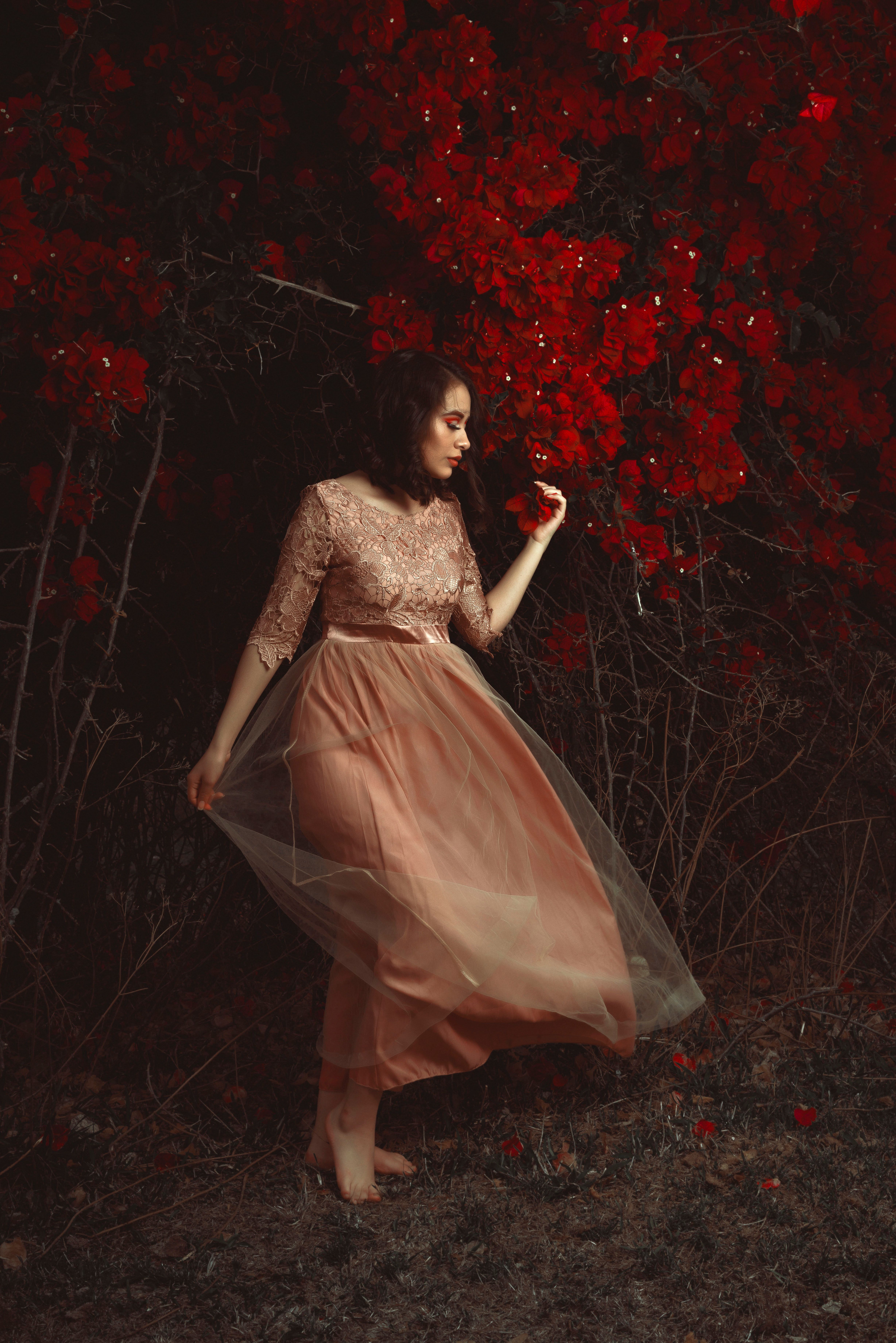 Woman in Dress Standing near Red Flowers · Free Stock Photo