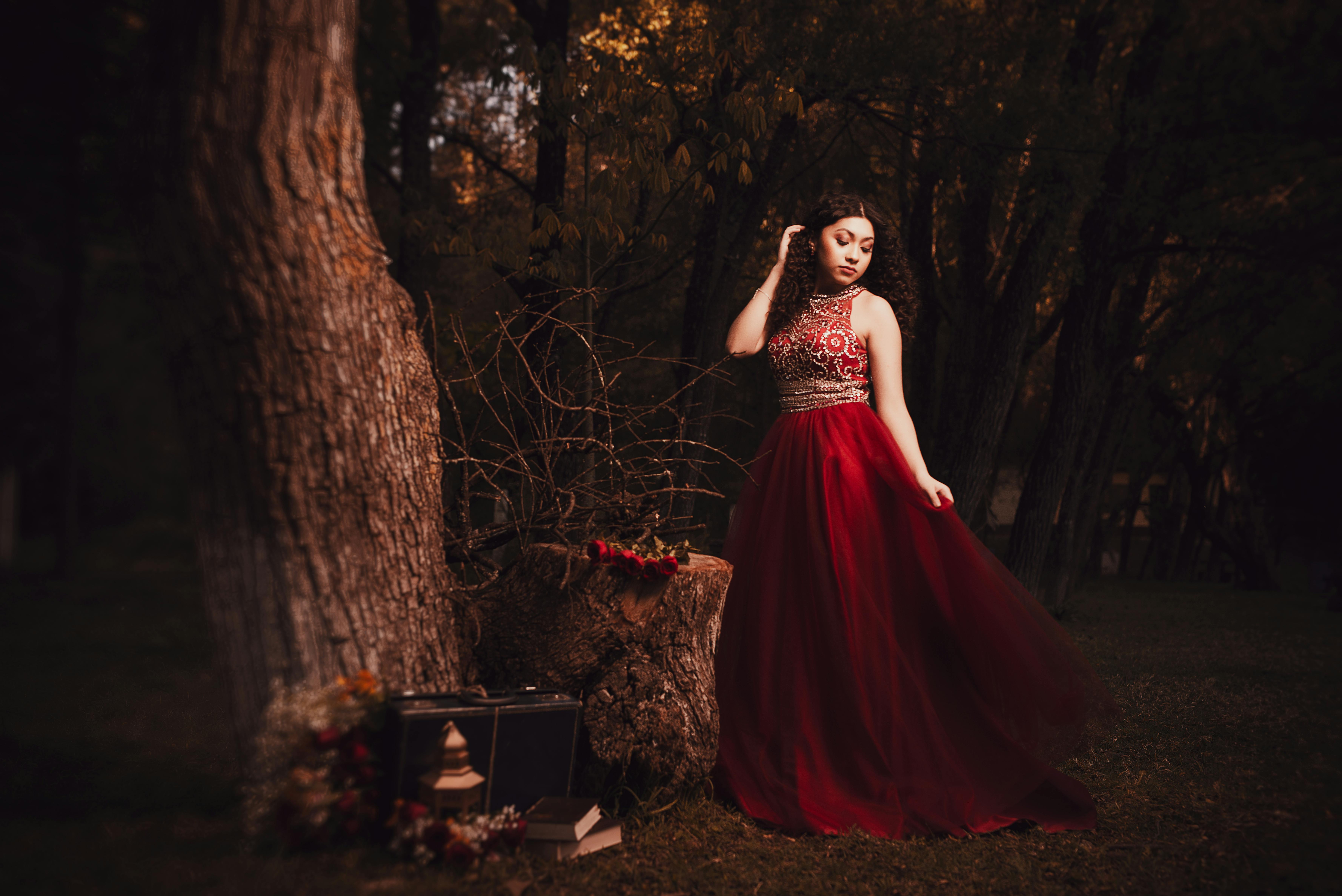 Enchanting lady in an evening gown poses on a mirror surface in the studio  Stock Photo by fxquadro