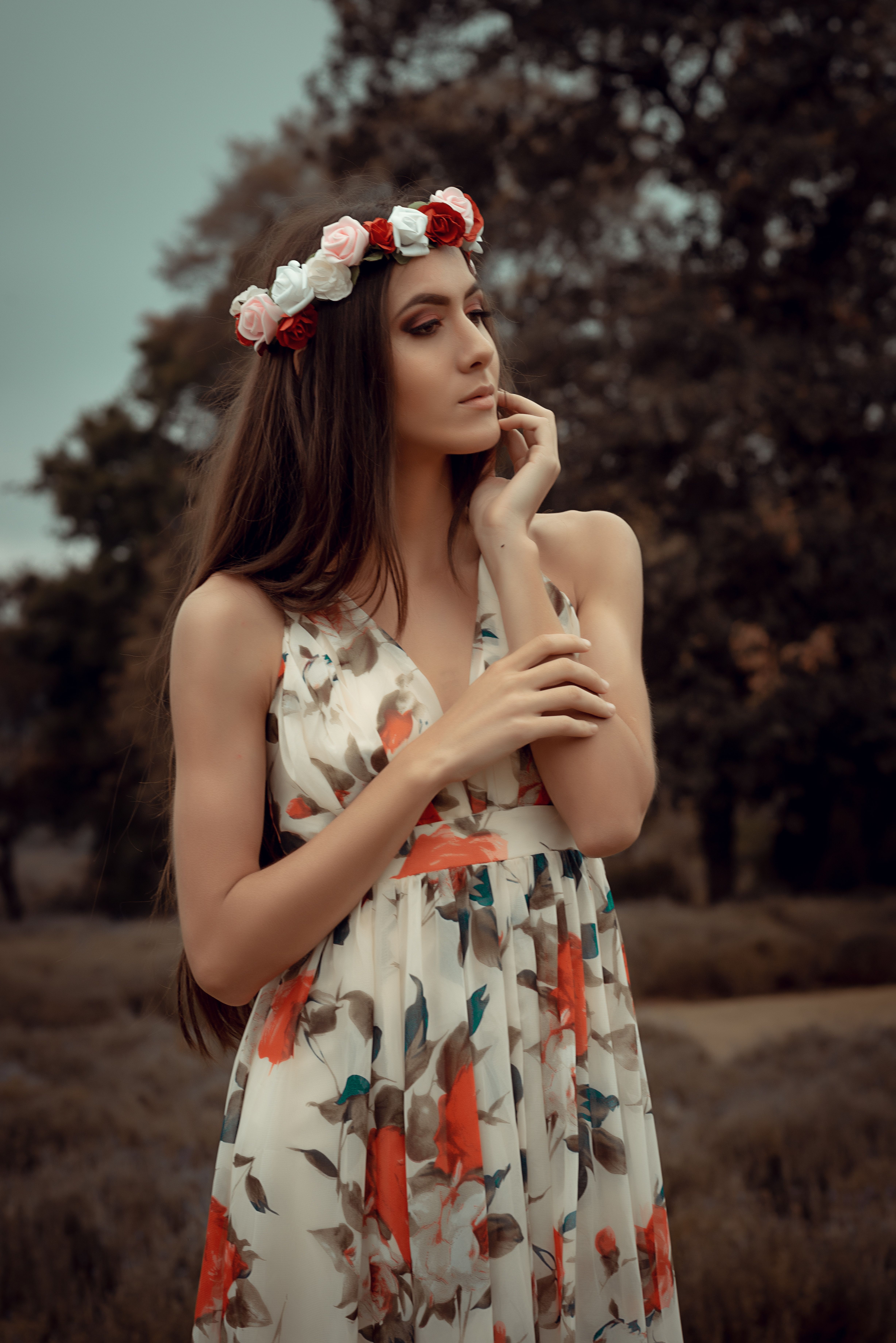 Young Woman in a Dress and a Flower Crown Posing Outdoors in Summer  Free  Stock Photo