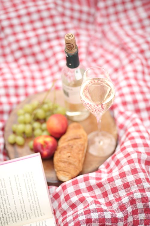 Free A cozy picnic setup with wine, fruits, and a book on a checkered blanket. Stock Photo